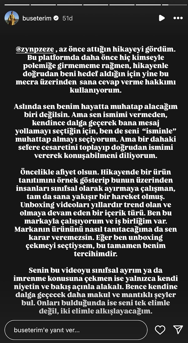 Bu paylaşımın ardından Buse Terim'den jet hızında bir paylaşım geldi.