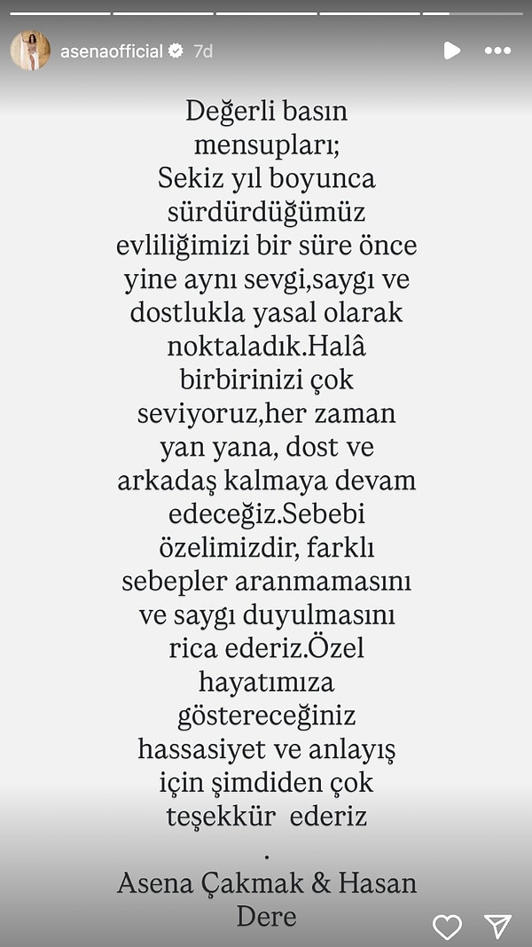 Asena ise sosyal medya hesabından açıklama paylaştı.