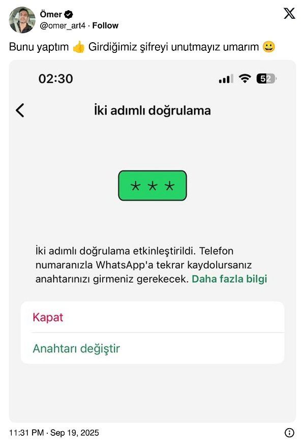 WhatsApp güvenliği için 'iki adımlı kimlik doğrulama' açılması gerekiyor.