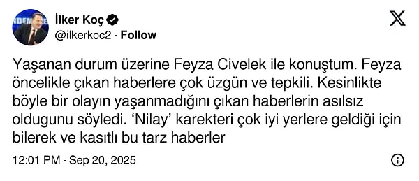Gazeteci İlker Koç, Feyza Civelek'in iddiaları yalanladığını açıkladı.