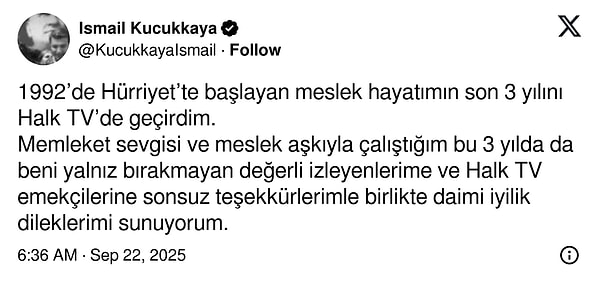 Ünlü haber spikeri İsmail Küçükkaya, Halk TV'ye böyle veda etti: