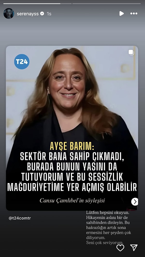 Barım’ın sözlerini alıntılayarak paylaşan Serenay Sarıkaya ise şu ifadeleri kullandı: