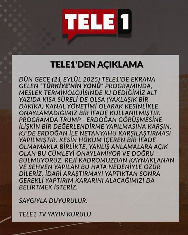 Tele 1’in yaptığı açıklama 👇