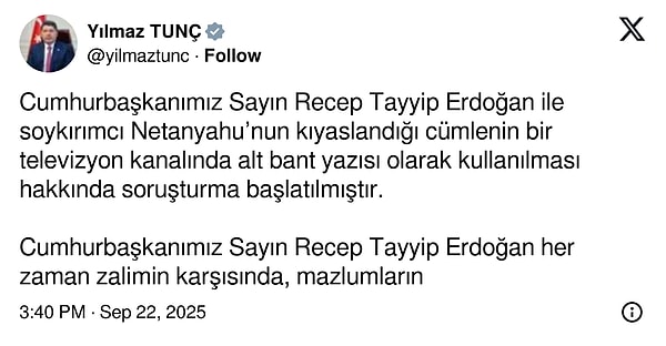 Adalet Bakanı Yılmaz Tunç, Tele 1 ile ilgili soruşturma açıldığını duyurdu.