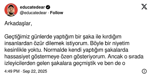 Kanalın sahiplerinden ve gündem olan şakayı yapan Boğaç Soydemir sosyal medyadan yaptığı paylaşımla özür diledi.