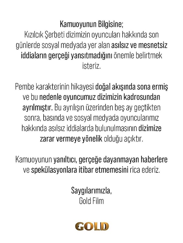 5. Feyza Civelek olayına ilişkin Gold Film'den de açıklama geldi.
