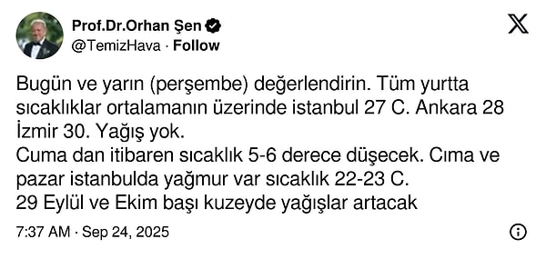 Meteoroloji Uzmanı Orhan Şen, "Montlarınızı çıkarın, yaz bitti" sözleriyle yeni bir soğuk hava uyarısı yaptı.