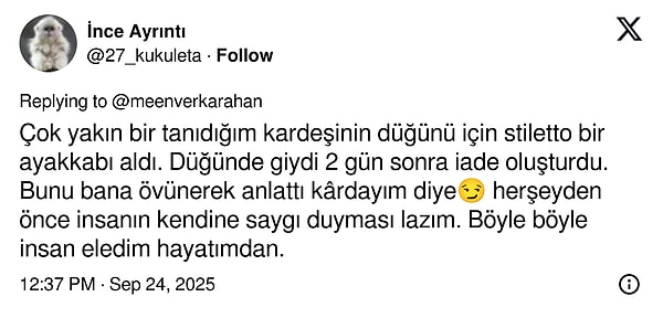 "Stiletto bir ayakkabı aldı. Düğünde giydi 2 gün sonra iade oluşturdu."