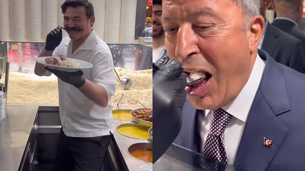 Hulusi Akar'a elleriyle pilav yedirdi.