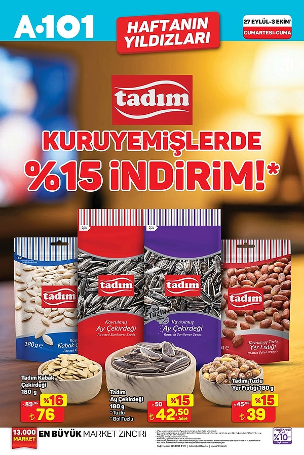 Tadım kuruyemişlerde %15 indirim👇