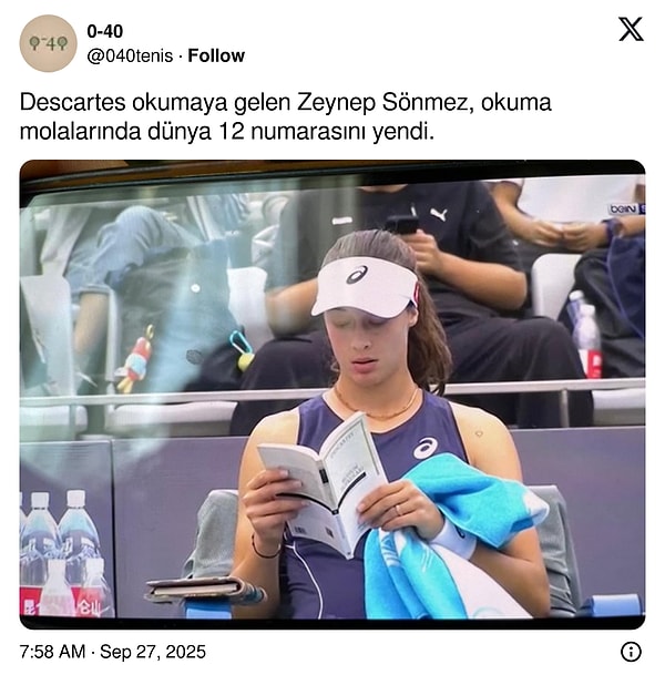Zeynep Sönmez’in maça verilen molalarda kitap okuması ise sosyal medyada gündem oldu. Rene Descartes’in Ruhun Tutkuları kitabını okuyan Zeynep Sönmez ile ilgili yapılan paylaşımlar