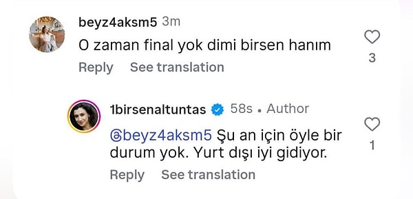 Birsen Altuntaş, Aşk ve Gözyaşı'nın final yapacağından endişe duyan bir seyirciye yanıt verdi.