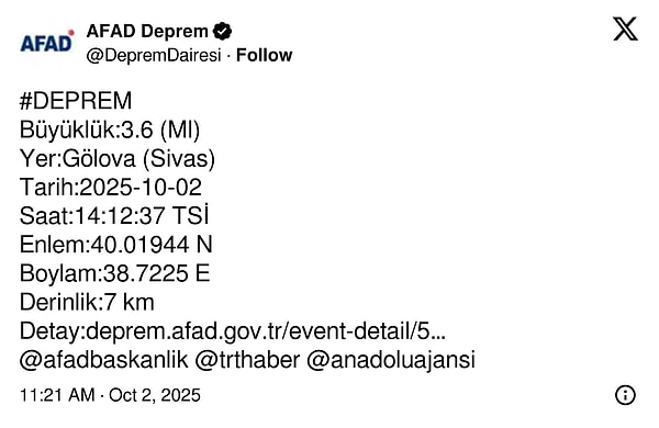 Saat 14.12 civarında ise Sivas'ın Gökova ilçesinde 3.6 büyüklüğünde bir deprem meydana gelmişti.
