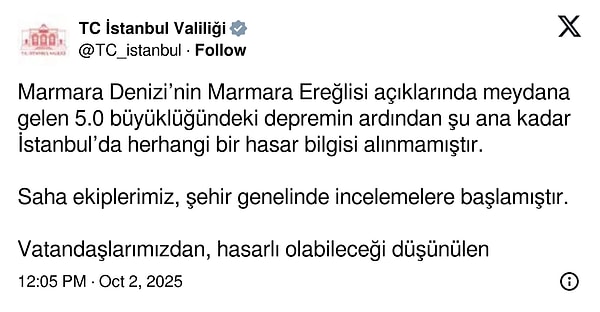 İstanbul Valiliği depremle ilgili açıklama yaptı: