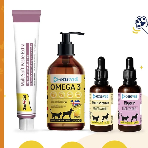 Gimcat Malt Soft Extra 100 Gr + OneVet Multivitamin Paste 100 Gr + OneVet Biotin 50 Ml + OneVet Omega 3 250 Ml