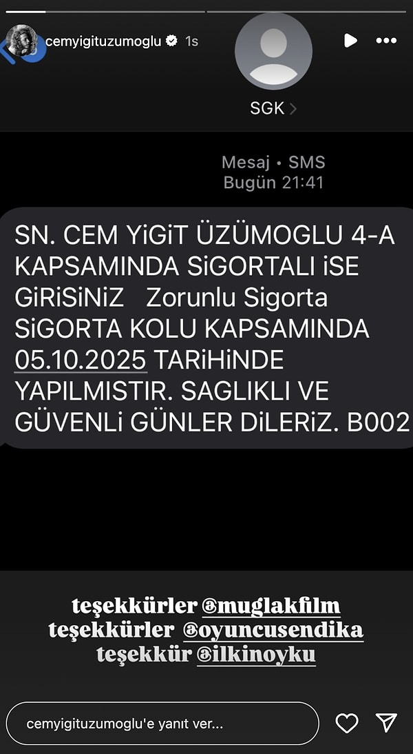 Ancak genç oyuncu bu kez sosyal medya hesabından yaptığı bir paylaşımla yeniden gündeme geldi.