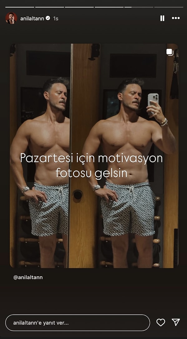 "Pazartesi için motivasyon fotoğrafı gelsin" notunu düştüğü bir post paylaşan Anıl Altan, post'unu kaslı pozlarıyla hikayesinden duyurdu.