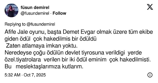 Füsun Demirel bir diğer paylaşımında meslektaşı ve Bahar dizisindeki rol arkadaşını Demet Evgar'ı tebrik etti.