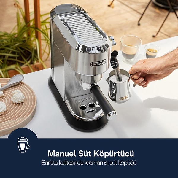 Kompakt tasarımı ile mutfağınızda fazla yer kaplamayacak DeLonghi Dedica Manuel Espresso Makinesi, 40 saniye içinde kullanıma hazır hale geliyor.