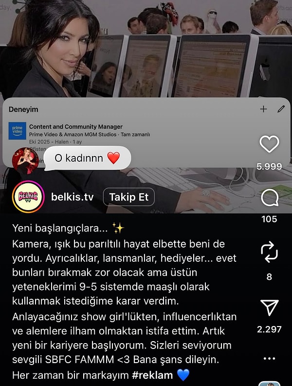 Artık sabah 9 akşam 5 çalışacağını duyuran Sude Belkıs'ın söz konusu paylaşımı haliyle herkesi şaşırttı.