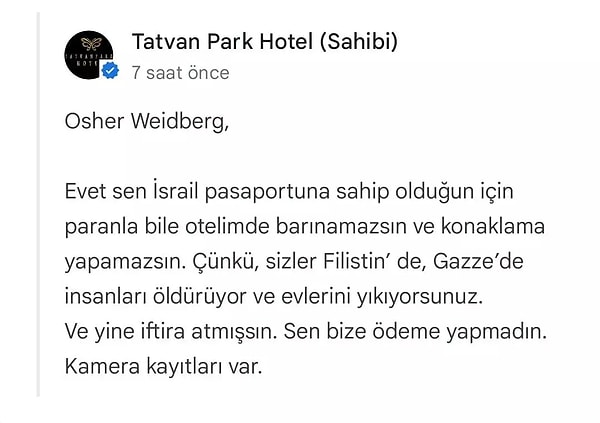 İsrail vatandaşına otelden cevap gecikmedi!