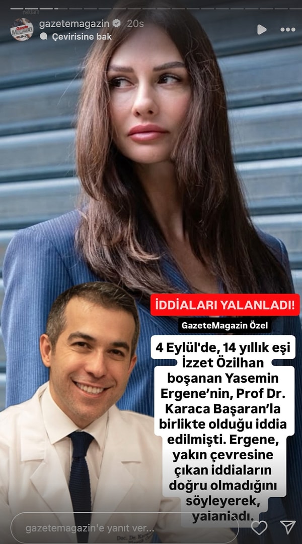 Gazete Magazin'in özel haberine göre, Yasemin Ergene'nin ünlü estetik cerrah Prof. Dr. Karaca Başaran ile aşk yaşadığı iddiaları yalanlandı.