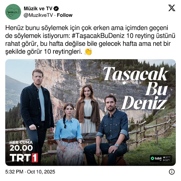 Reytingleri yarın göreceğiz ama yüksek gelecek gibi görünüyor 👇