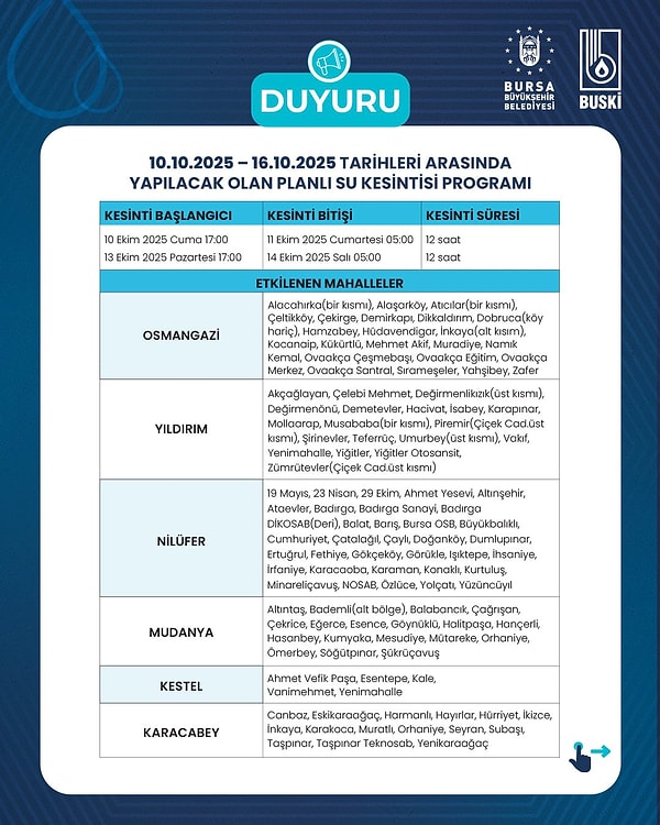 10-11 Ekim Bursa Su Kesintisi