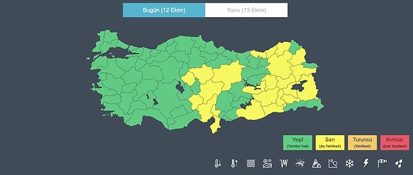 Meteoroloji, 12 Ekim tarihinde 24 il için sarı kodlu uyarıda bulundu. 12 Ekim Pazar (Bugün) Hava Nasıl?