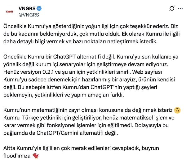 Kumru'nun geliştiricisi VNGRS, Kumru'yla ilgili merak edilen sorulara cevap vererek ilgiye teşekkür etti.