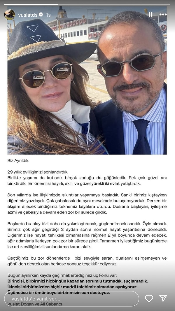 Kazanın üzerinden 2 sene geçti. Vuslat Doğan Sabancı, geçtiğimiz saatlerde sosyal medya hesabından yaptığı açıklamayla Ali Sabancı ile boşandıklarını duyurdu.