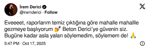 Test sonucu temiz çıkan İrem Derici sosyal medya hesabından paylaşım yaptı: