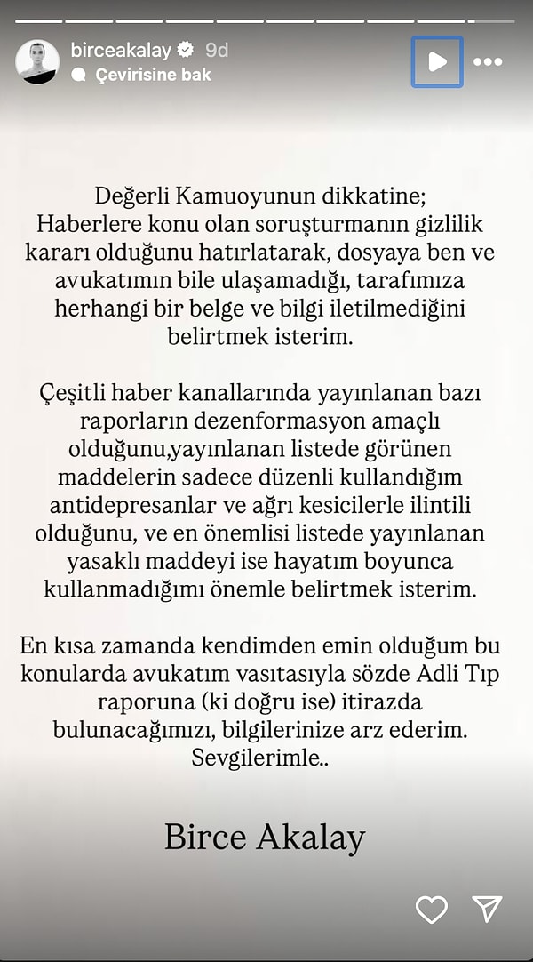 Birce Akalay geçtiğimiz dakikalarda sosyal medya hesbaındna konuylan ilgili ilk açıklamasını yaptı.