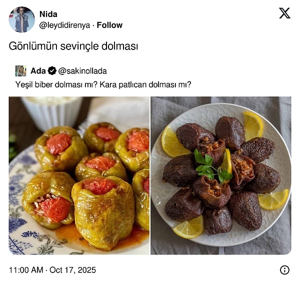 Oda iyiymiş ama patlıcan dolması da olur.