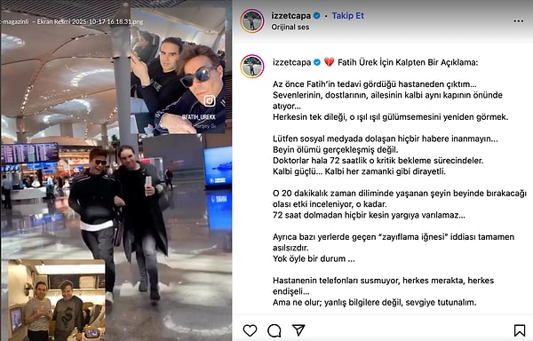 Ünlü gazeteci İzzet Çapa, dostu Fatih Ürek’in sağlık durumu hakkında sosyal medyada dolaşan yanlış iddialara açıklık getirdi.