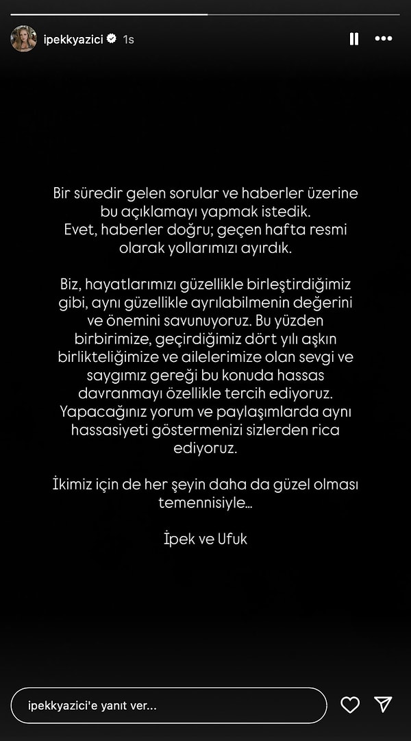 Geçtiğimiz saatlerde, resmi boşanma açıklaması İpek Filiz Yazıcı'dan geldi.