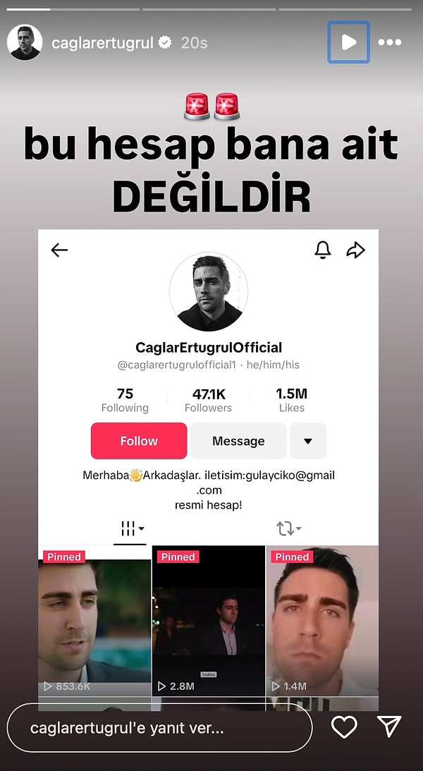 Çağlar Ertuğrul ortaya atılan o kare sonrası sosyal medya hesabından TikTok profilini paylaşarak açıklamada bulundu.