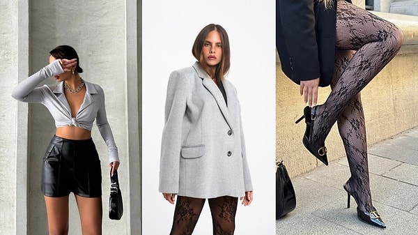 Desenli külotlu çorapları uzun blazer ceketlerle kombinlemek bu sezonun en göz alıcı trendlerinden biri. Altına şık bir deri şort eklediğinde hem modern hem iddialı bir stil yakalayabilirsin.
