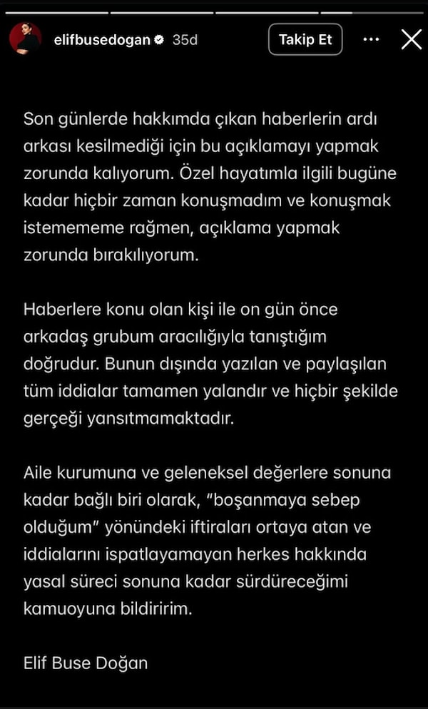 Elif Buse Doğan, yaptığı açıklamada, Murat Özdemir ile yalnızca 10 gün önce arkadaş grubu aracılığıyla tanıştığını belirtti.