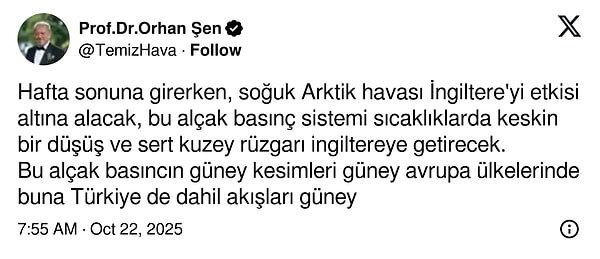 Öte yandan Orhan Şen, yağış uyarısı da yaptı: