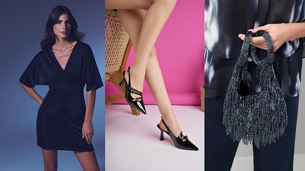 Cumartesi akşamı dışarı çıkmayı planlıyorsan şahane bir kombin önerim var! Bu sezon simli elbiseler moda ve geceye enerji katıyor. Kombini bant detaylı topuklu ayakkabılarla tamamlayarak zarif bir hava yakalayabilirsin.
