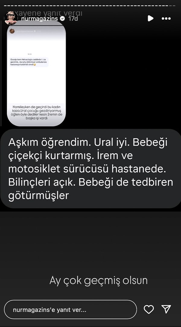 A message received by @Nurmagazins alleged that İrem Helvacıoğlu, Ural Kaspar, and their little girls had an accident while strolling down Baghdad Street.