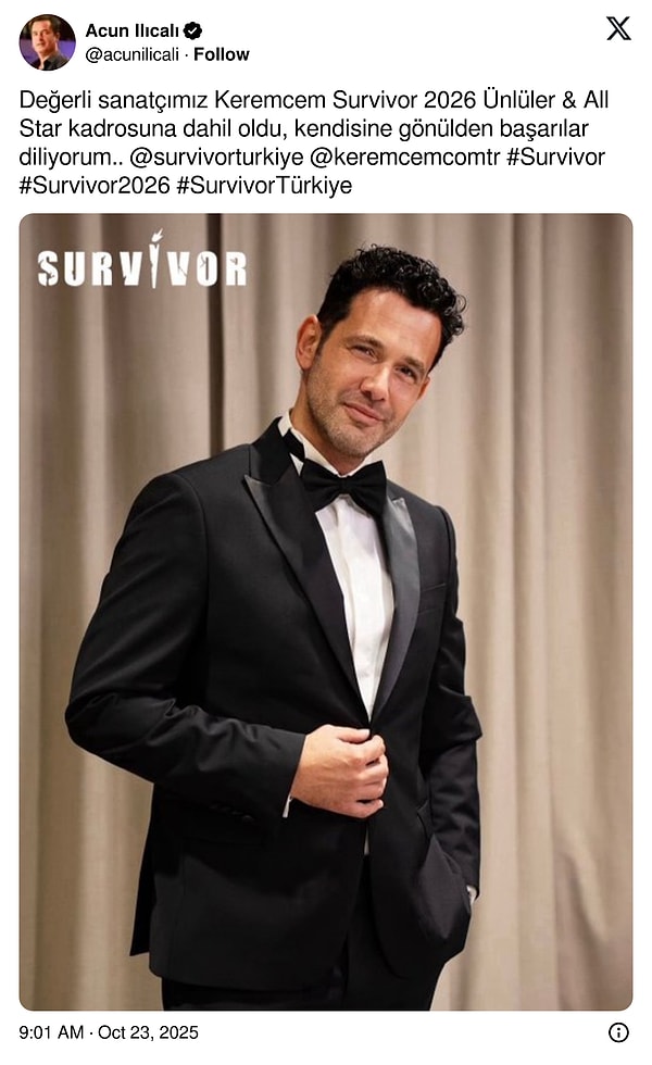 Acun Ilıcalı, sosyal medya hesabından yaptığı paylaşımla ünlü şarkıcı Keremcem'in Survivor 2026'da yarışacağını açıkladı.