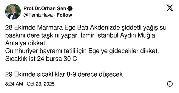 "29 Ekimde sıcaklıklar 8-9 derece düşecek"