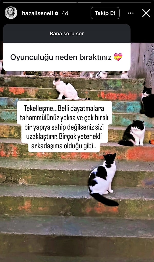 When asked "Why did you quit acting?", Hazal Şenel cited "Monopolization" as the reason for her departure.