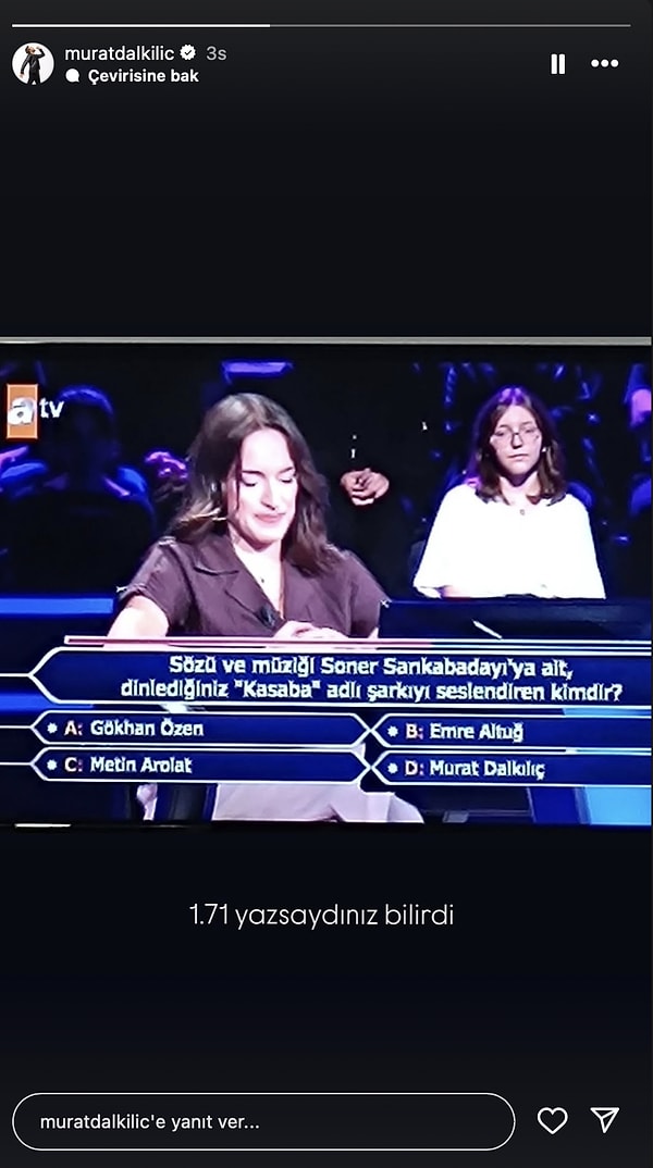 Ne alaka diyorsanız bombayı hemen patlatıyoruz! Geçtiğimiz gün, Kim Milyoner Olmak İster'de bir Murat Dalkılıç sorusu soruldu.