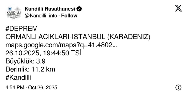 Kandilli Rasathanesi, depremin büyüklüğünü 3.9 olarak açıkladı.