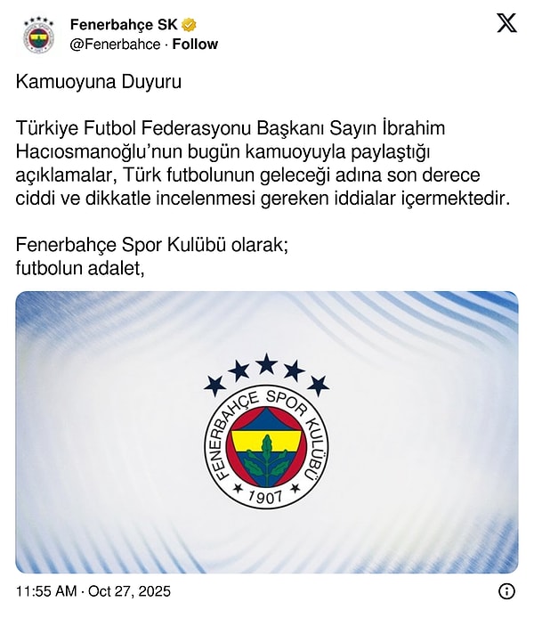 Fenerbahçe'nin açıklaması 👇