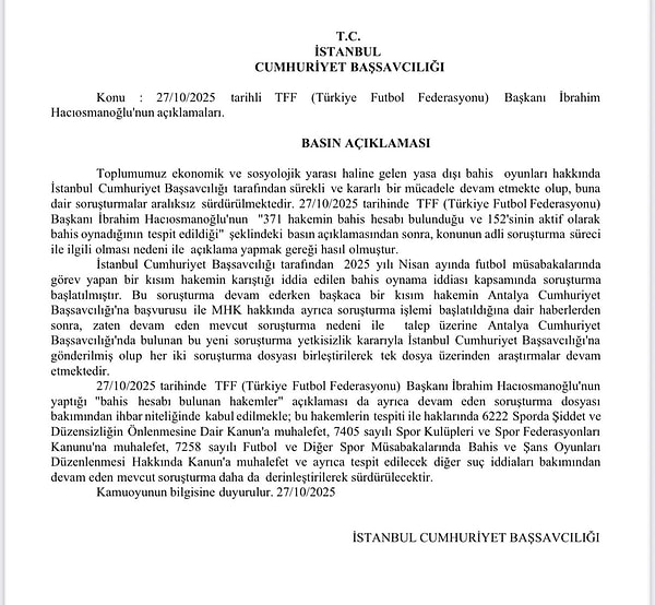 İstanbul Cumhuriyet Başsavcılığı’nın açıklaması 👇