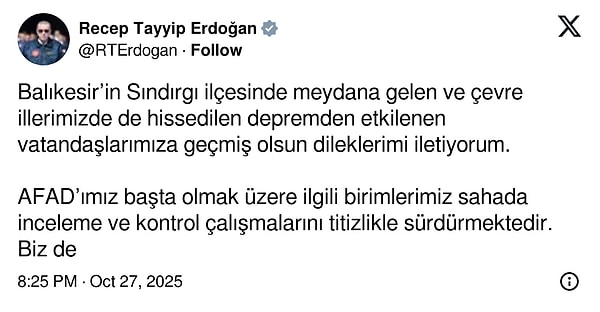 Cumhurbaşkanı Erdoğan, Balıkesir’de meydana gelen deprem sonrasında sosyal medya hesabından açıklama yaptı: